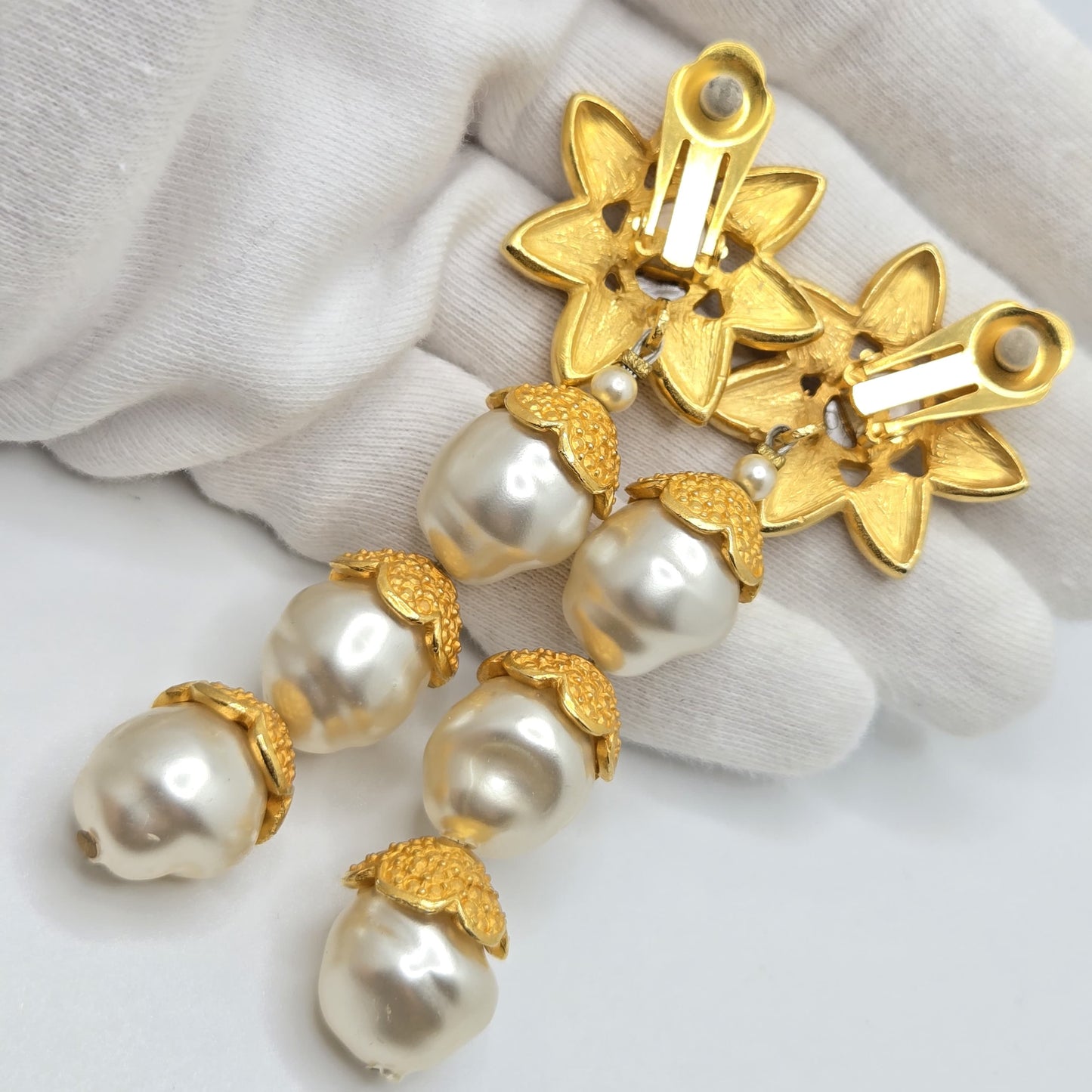 Vintage Huge Designer Runway Gold Tone Flower Faux Pearl Dangle Clip-On Earrings