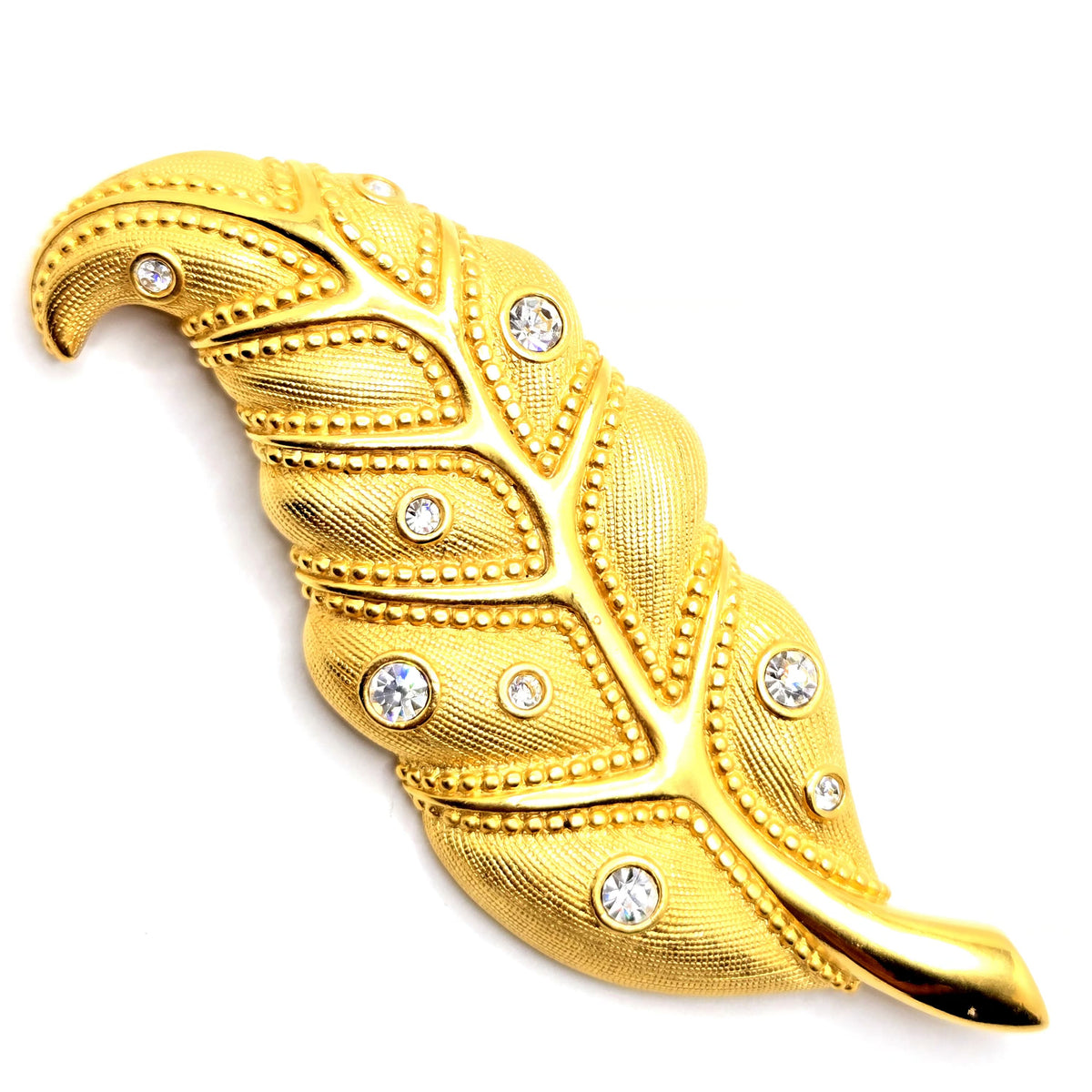 Vintage SWAROVSKI SWAN Large Leaf Brushed Gold Tone Brooch Pin Swarovski Crystals