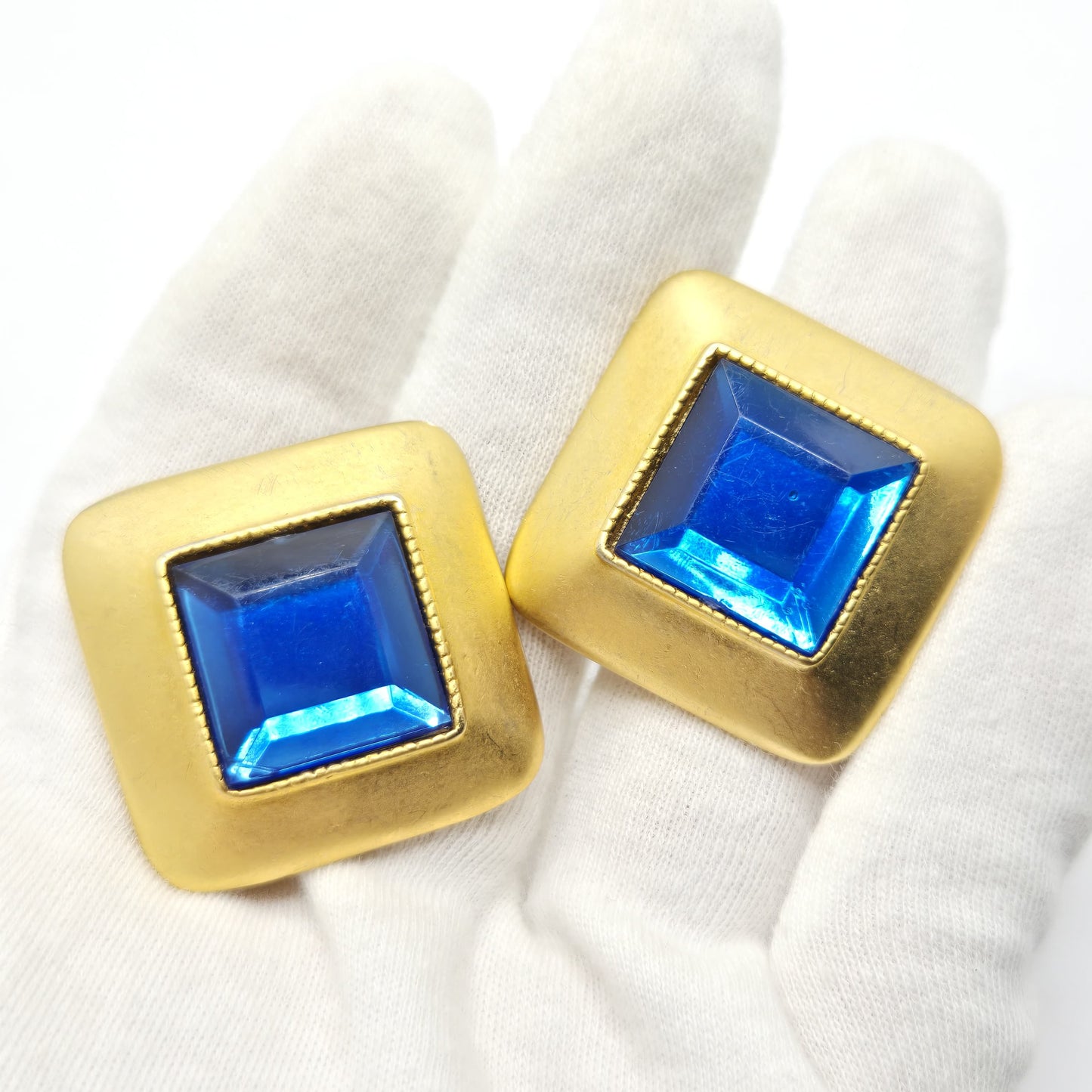 Vintage Designer Runway Large Square Blue Cabochon Gold Tone Clip-On Earrings