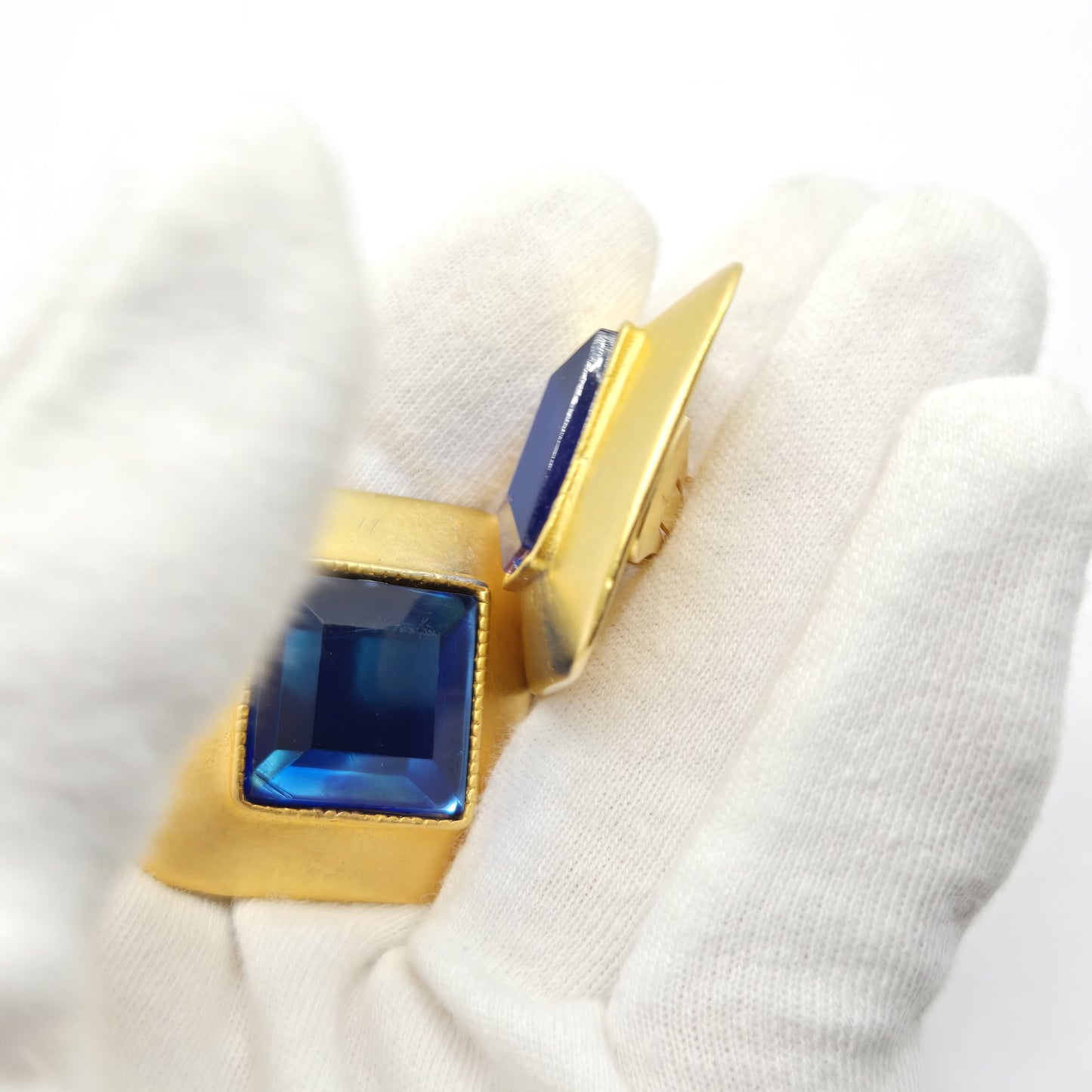 Vintage Designer Runway Large Square Blue Cabochon Gold Tone Clip-On Earrings