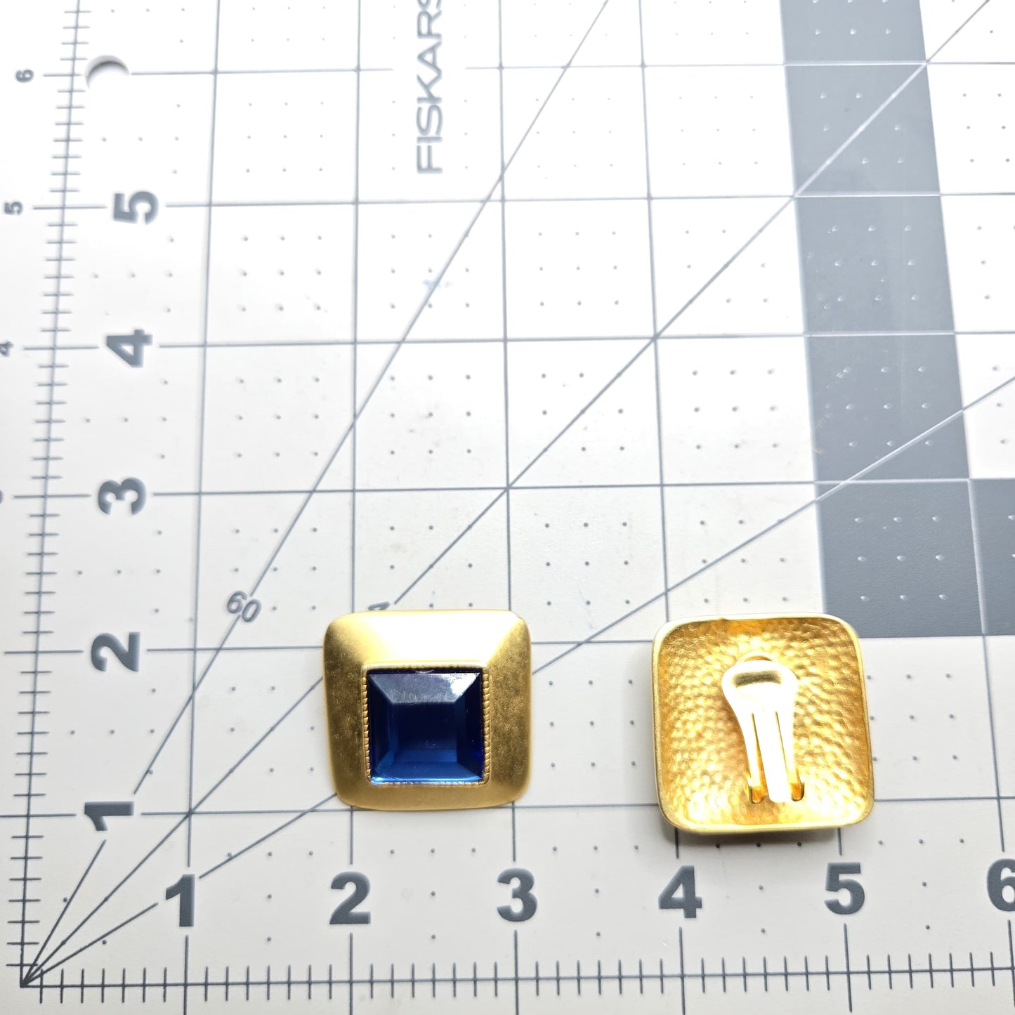 Vintage Designer Runway Large Square Blue Cabochon Gold Tone Clip-On Earrings