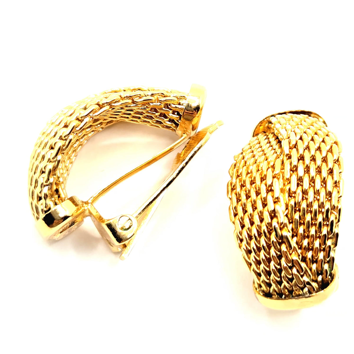 Vintage CHRISTIAN DIOR Germany Mesh Half Hoop Gold Tone Clip-On Earrings