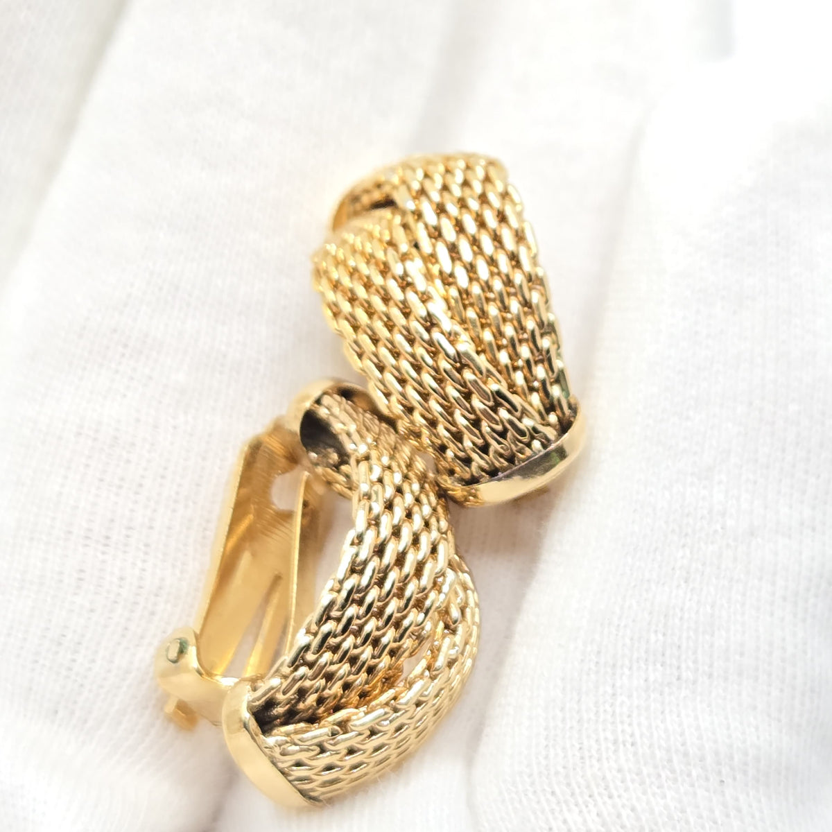 Vintage CHRISTIAN DIOR Germany Mesh Half Hoop Gold Tone Clip-On Earrings