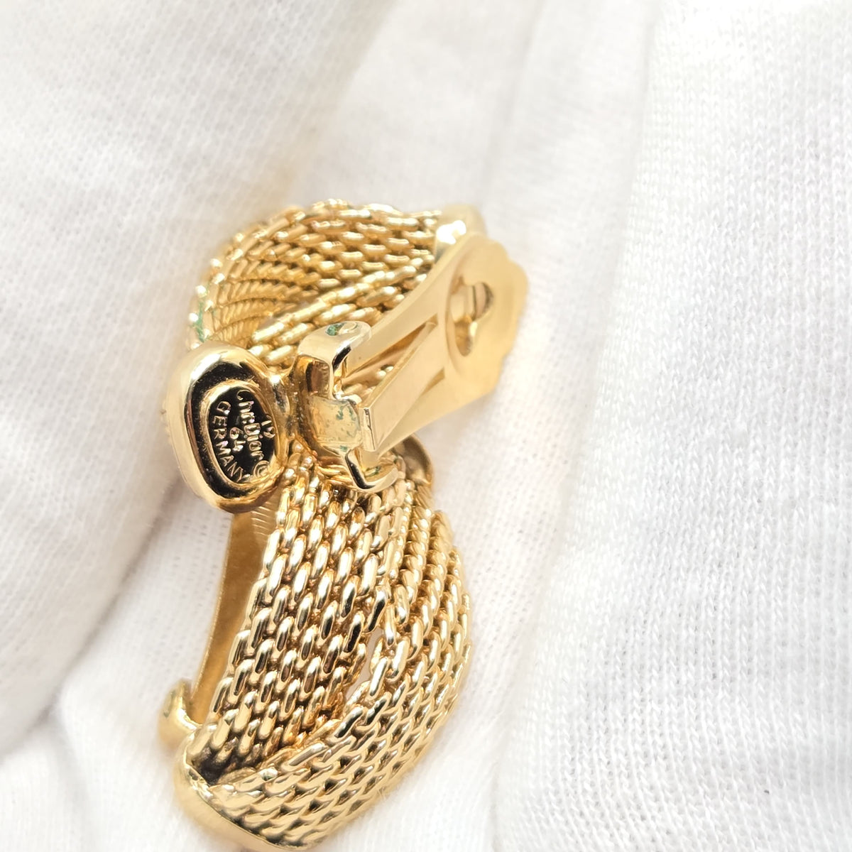 Vintage CHRISTIAN DIOR Germany Mesh Half Hoop Gold Tone Clip-On Earrings