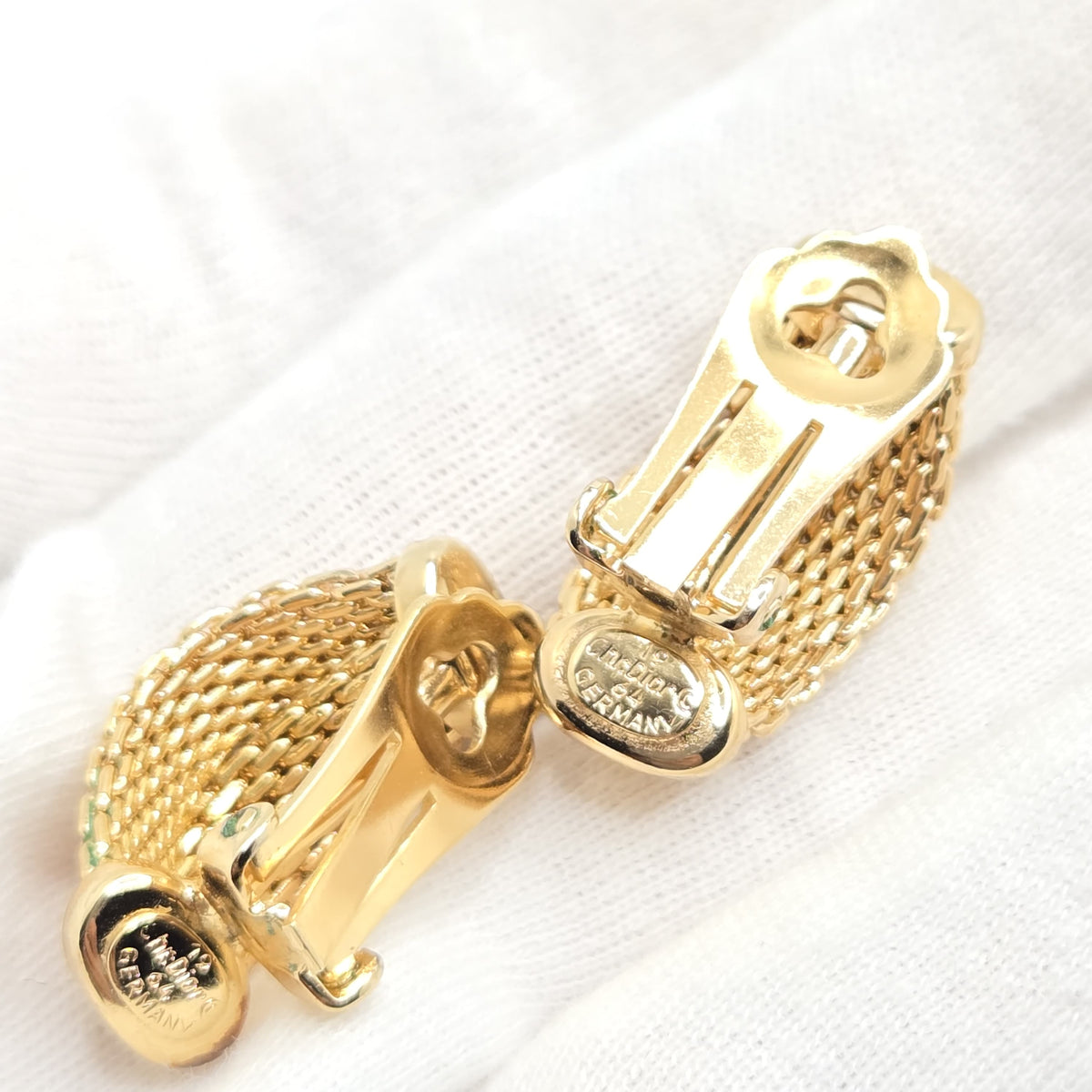 Vintage CHRISTIAN DIOR Germany Mesh Half Hoop Gold Tone Clip-On Earrings