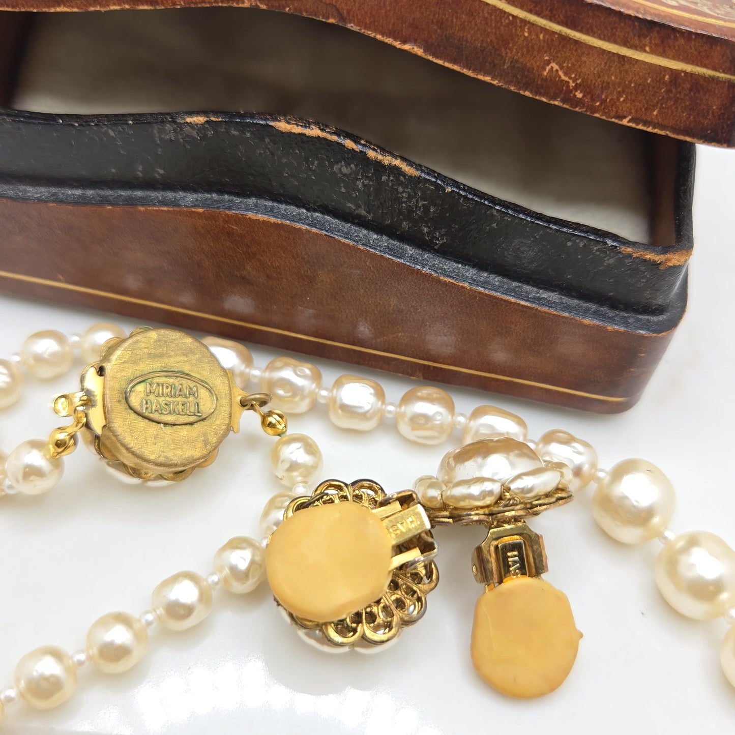 Vintage MIRIAM HASKELL Faux Baroque Pearl Single Strand Necklace & Clip On Earrings Set