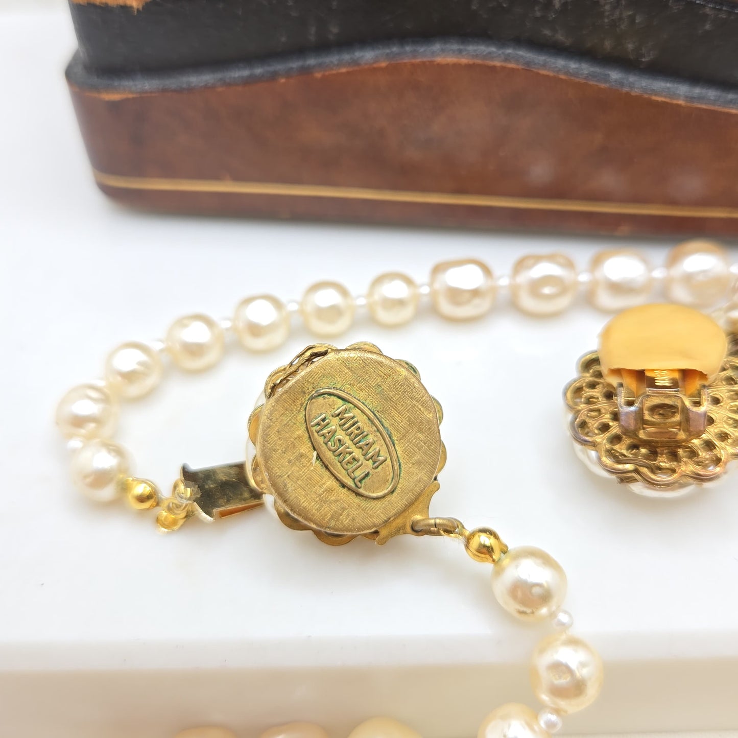 Vintage MIRIAM HASKELL Faux Baroque Pearl Single Strand Necklace & Clip On Earrings Set