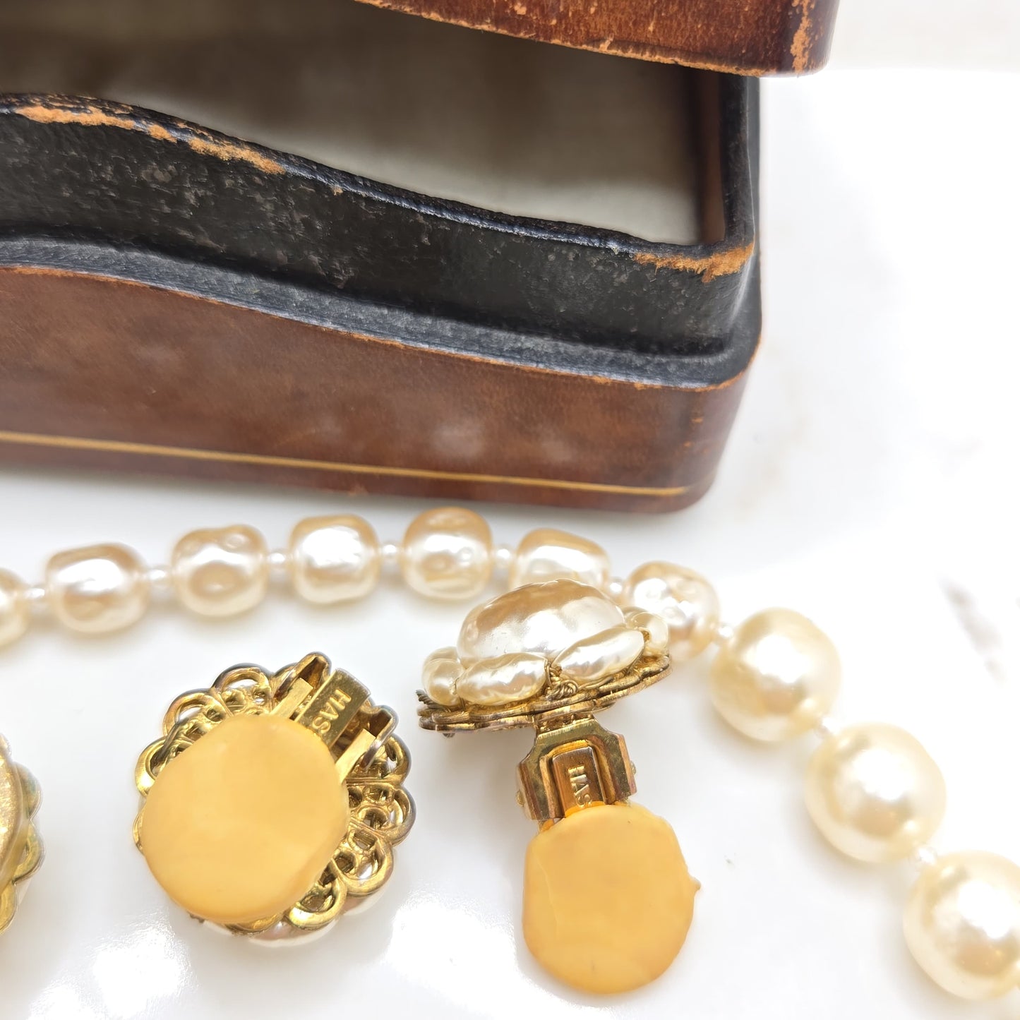 Vintage MIRIAM HASKELL Faux Baroque Pearl Single Strand Necklace & Clip On Earrings Set
