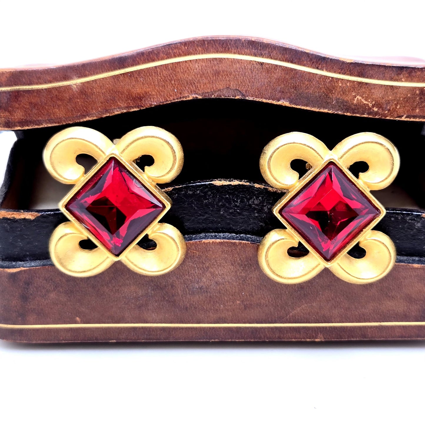 Vintage Designer Runway Byzantine Openwork Gold Tone Red Square Cabochon Clip-On Earrings