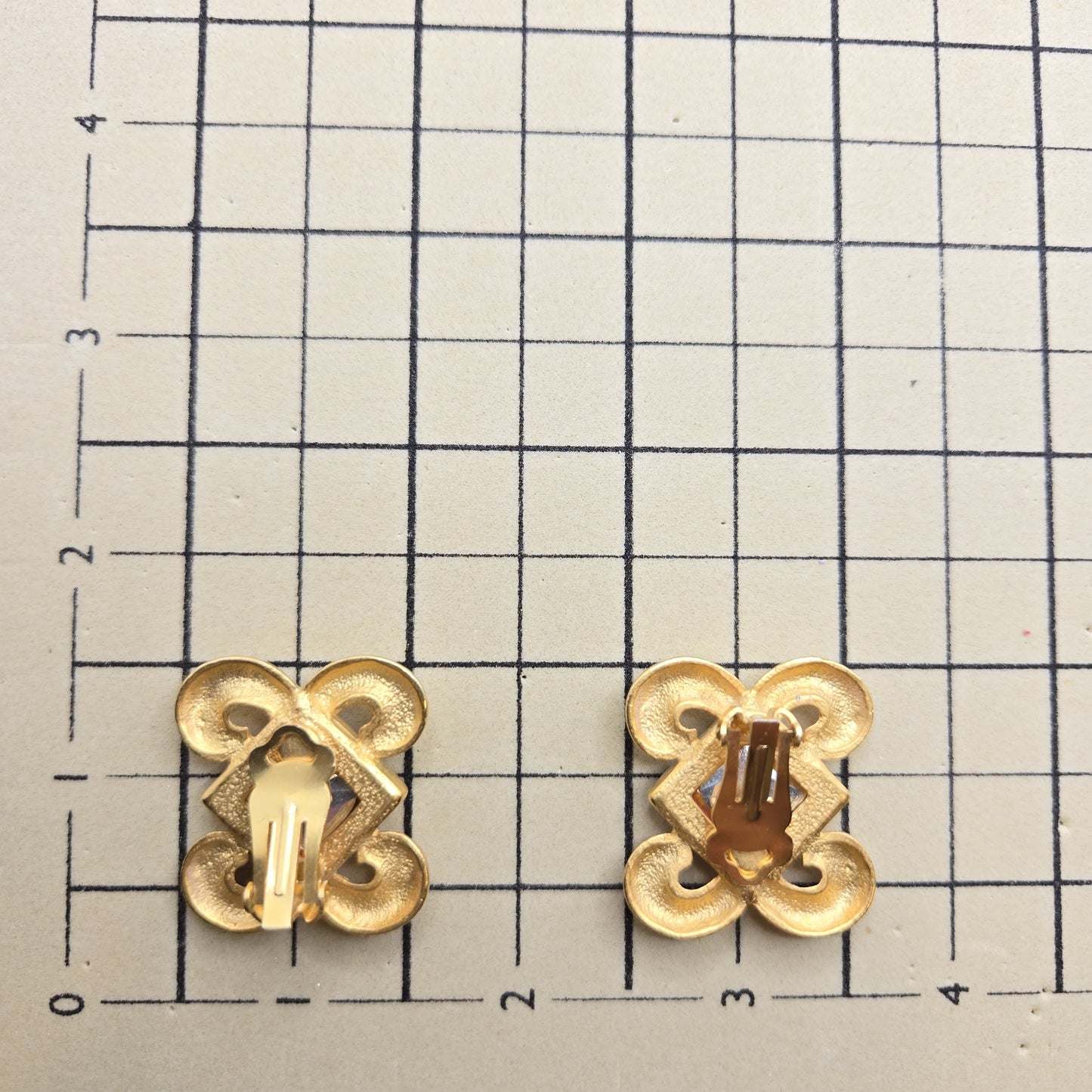 Vintage Designer Runway Byzantine Openwork Gold Tone Red Square Cabochon Clip-On Earrings