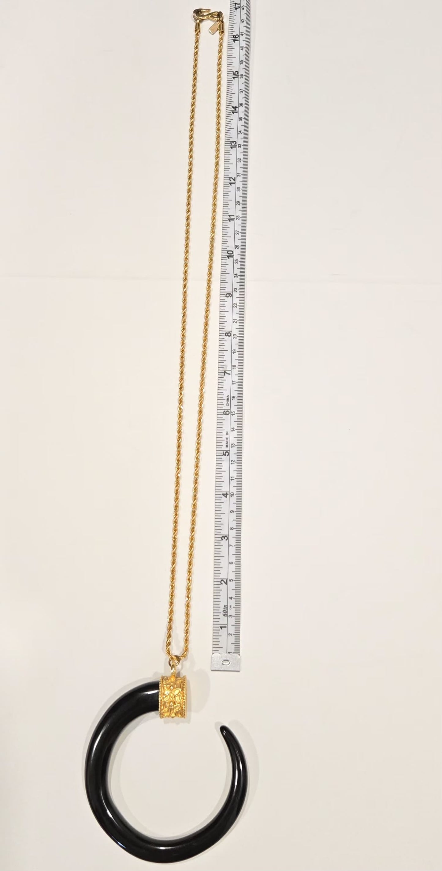 Vintage KENNETH LANE Black Resin Tusk Pendant Gold Tone Chain Necklace