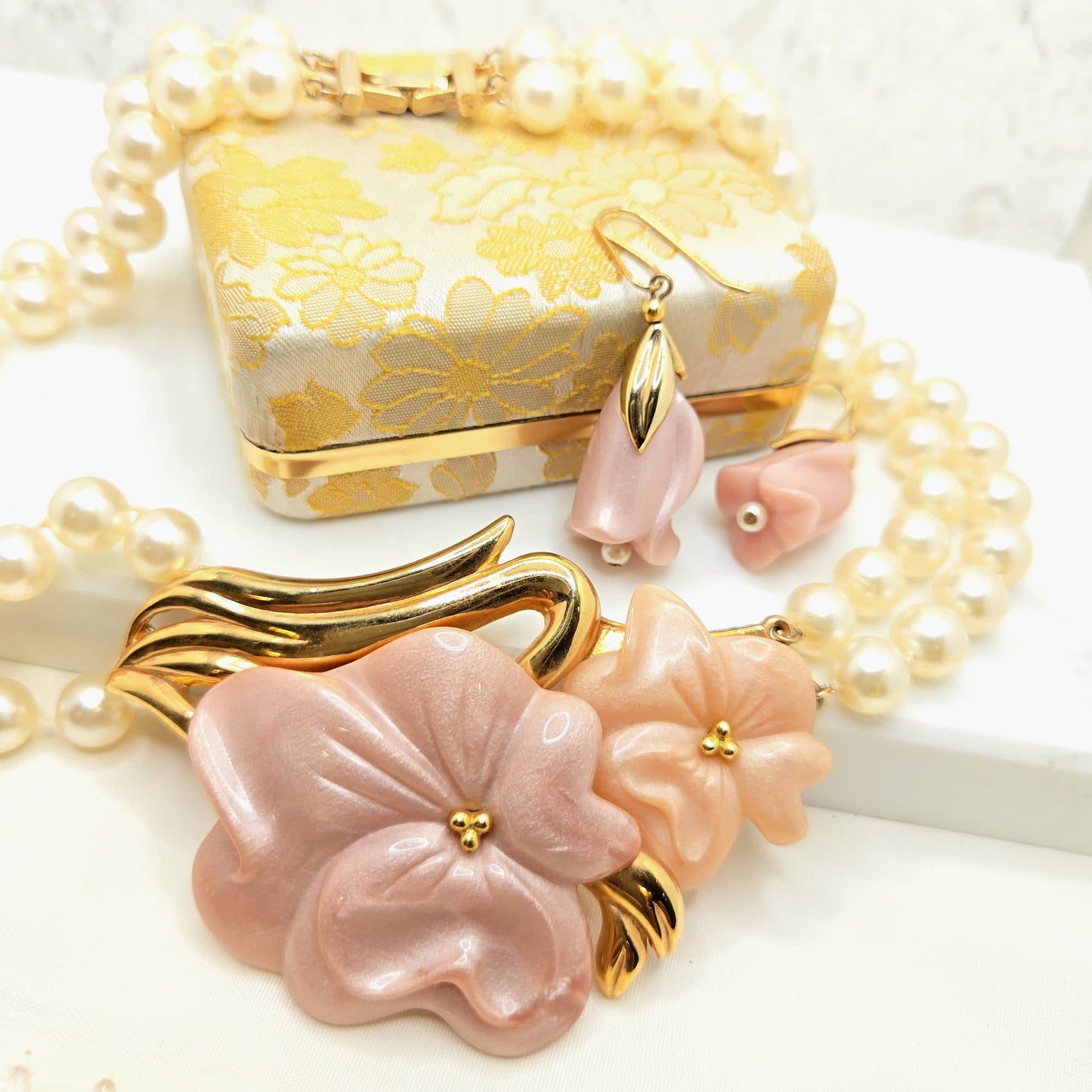 Vintage Designer Runway Pink Lucite Flower Faux Pearls Double Strand Necklace & Earrings Set