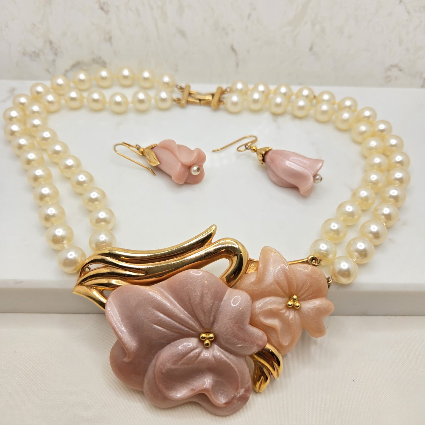 Vintage Designer Runway Pink Lucite Flower Faux Pearls Double Strand Necklace & Earrings Set