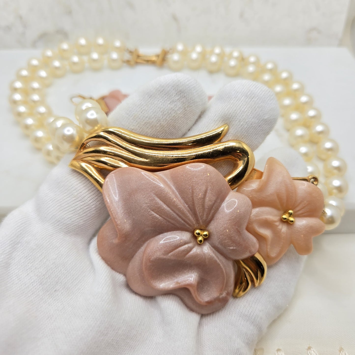 Vintage Designer Runway Pink Lucite Flower Faux Pearls Double Strand Necklace & Earrings Set