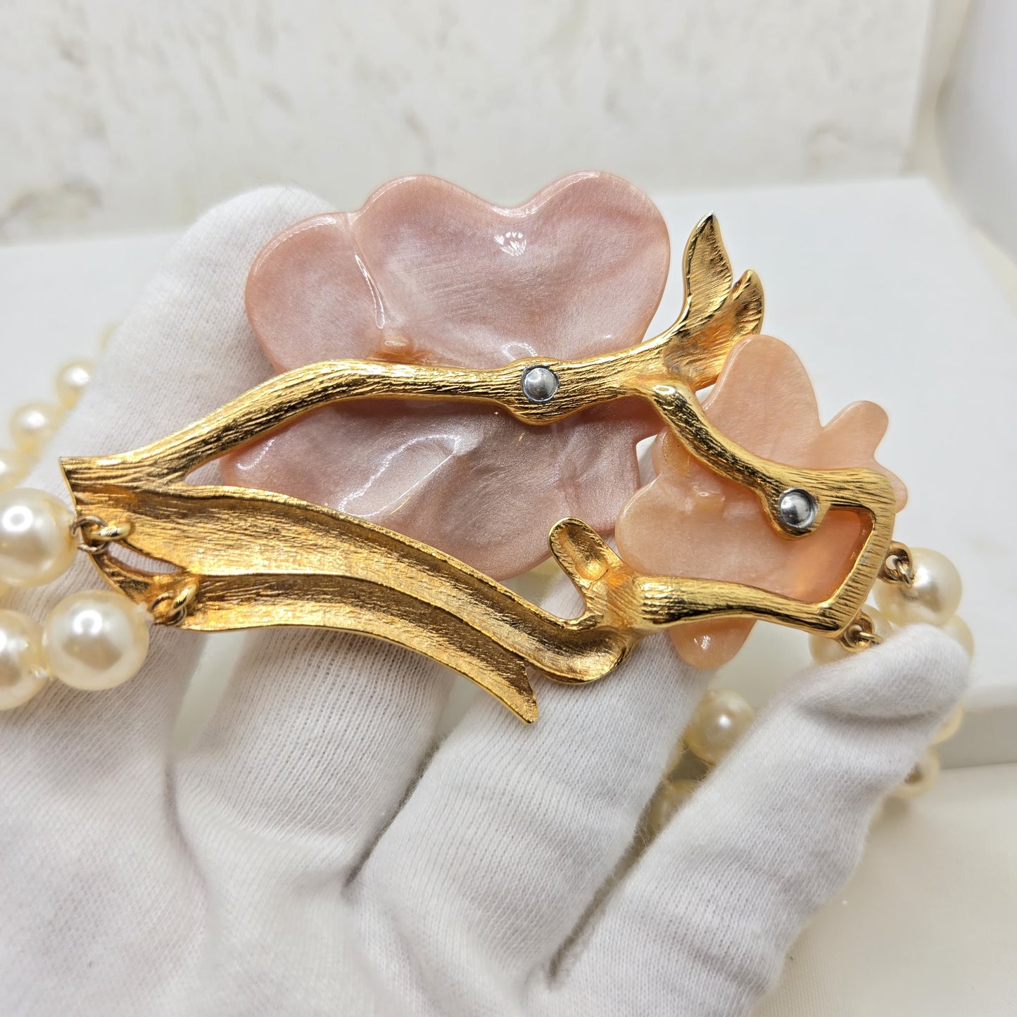 Vintage Designer Runway Pink Lucite Flower Faux Pearls Double Strand Necklace & Earrings Set