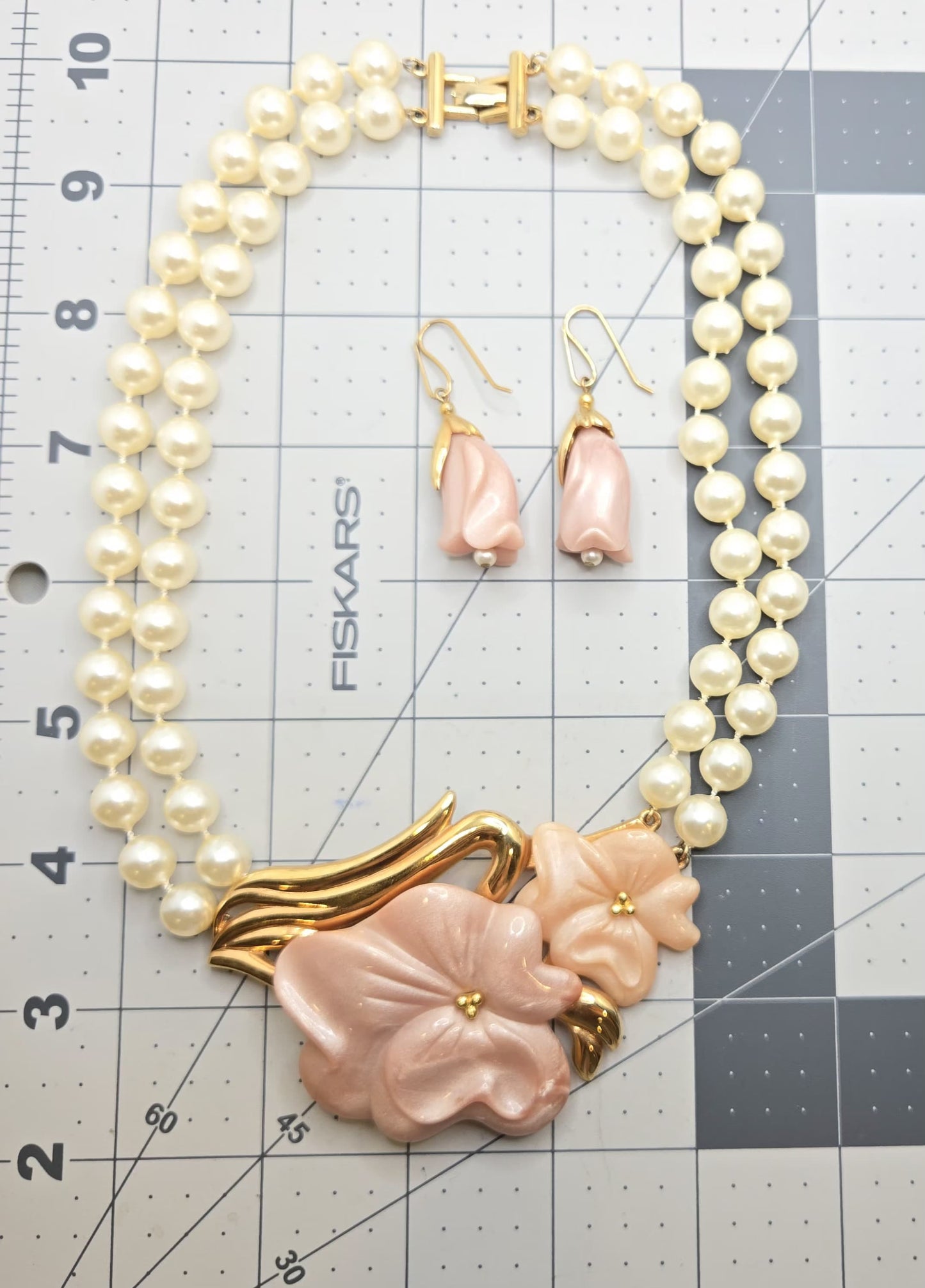 Vintage Designer Runway Pink Lucite Flower Faux Pearls Double Strand Necklace & Earrings Set