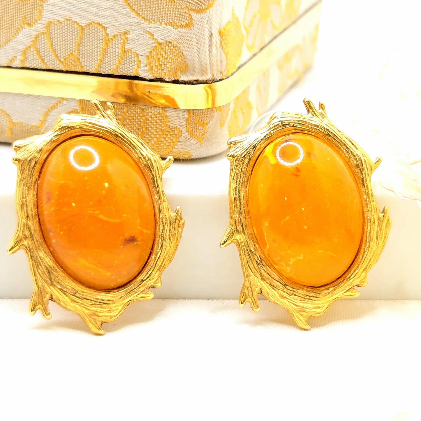 Vintage Designer Runway Amber Lucite Branch Frame Gold Tone Earrings