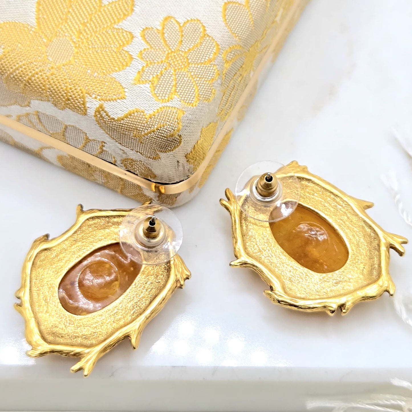 Vintage Designer Runway Amber Lucite Branch Frame Gold Tone Earrings