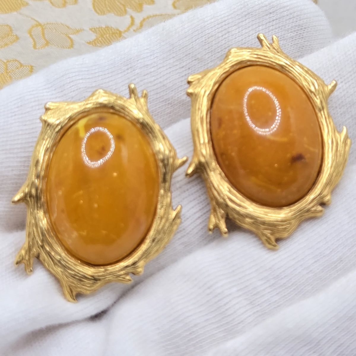 Vintage Designer Runway Amber Lucite Branch Frame Gold Tone Earrings