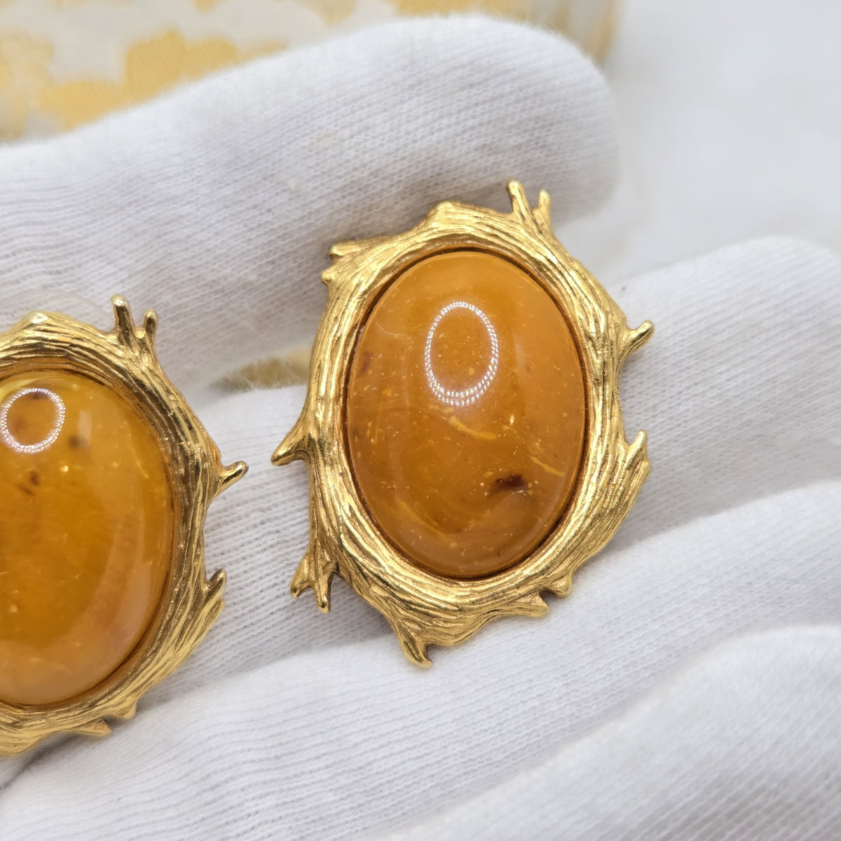 Vintage Designer Runway Amber Lucite Branch Frame Gold Tone Earrings