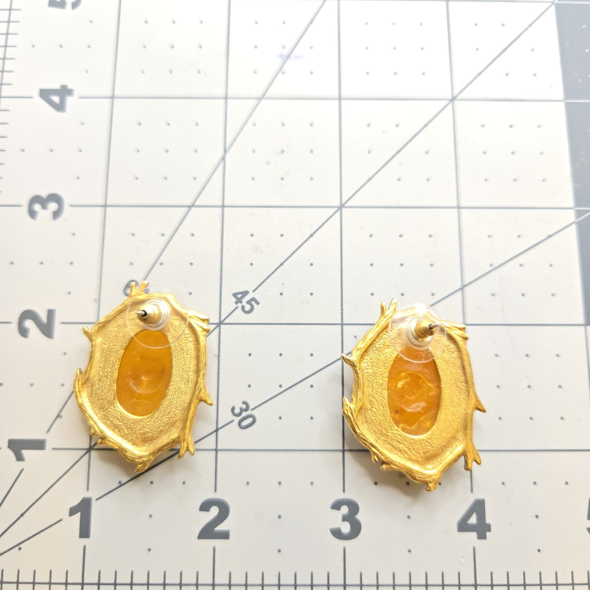 Vintage Designer Runway Amber Lucite Branch Frame Gold Tone Earrings