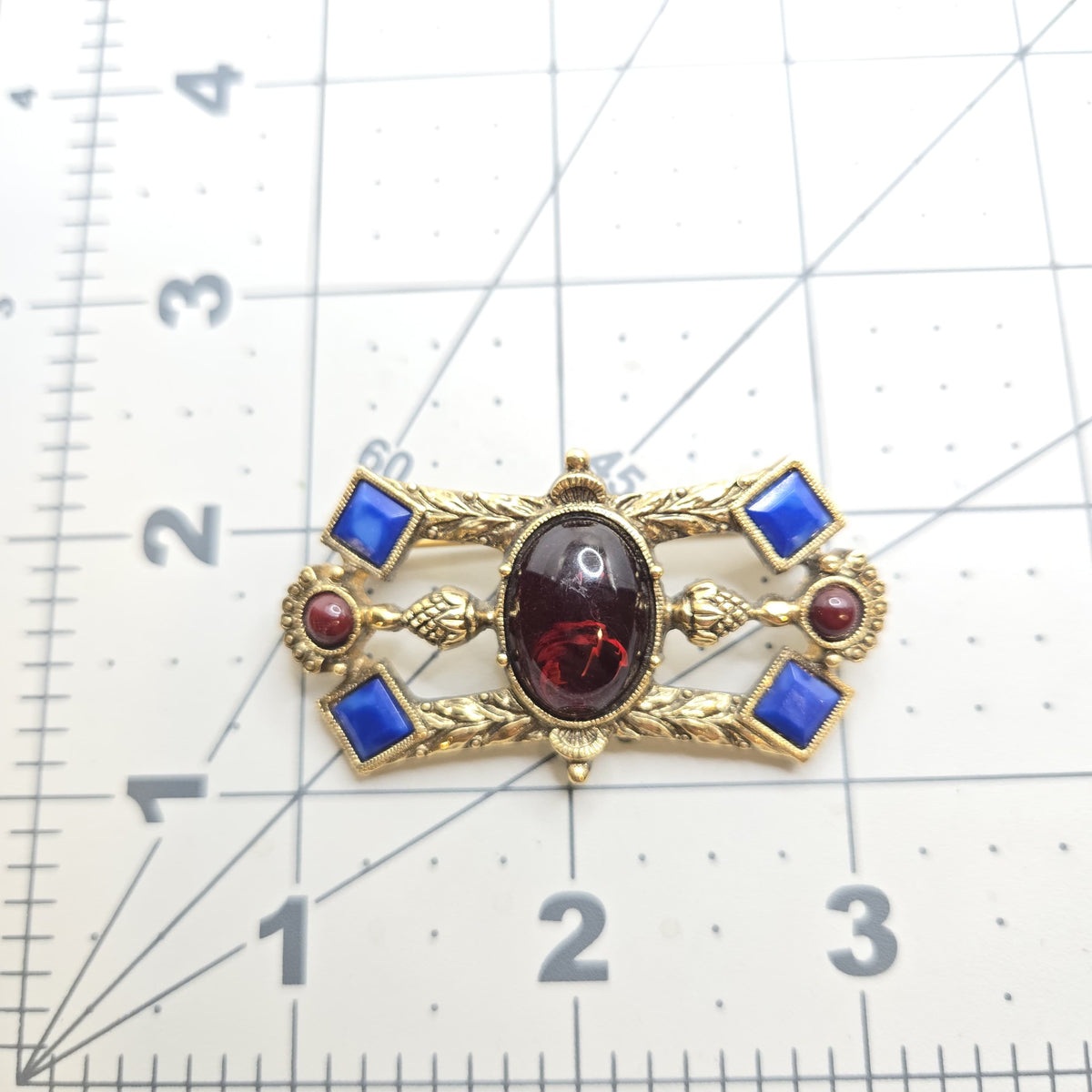 Vintage 1928 Red Blue Cabochon Gold Tone Bar Brooch Pin