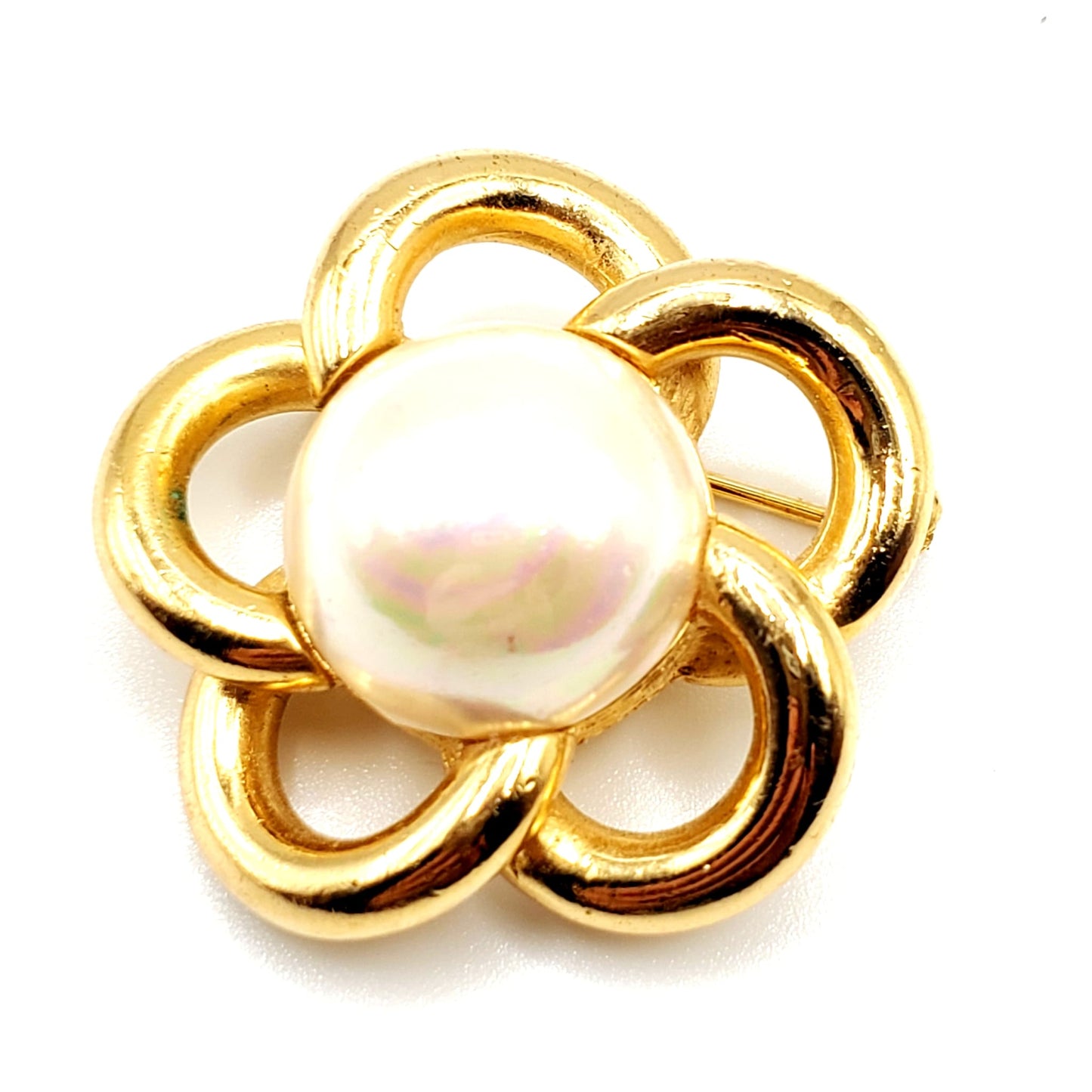 Vintage CHRISTIAN DIOR Gold Tone, Faux Pearl, Flower Shaped Brooch Pin