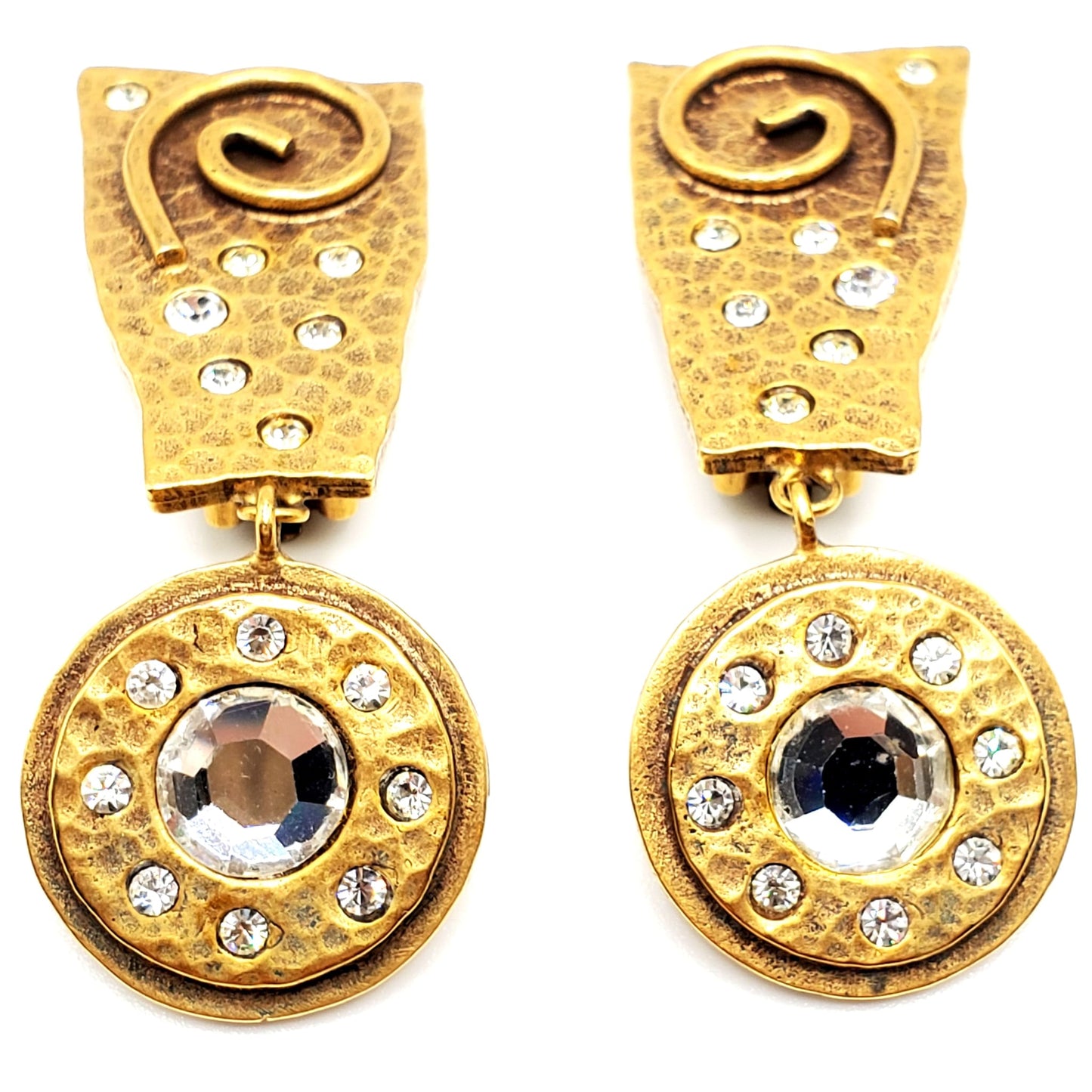 PARTICIA LOCKE Large Clip On Earrings Swarovski Crystal, Antique Gold Tone Metal, Rare Find