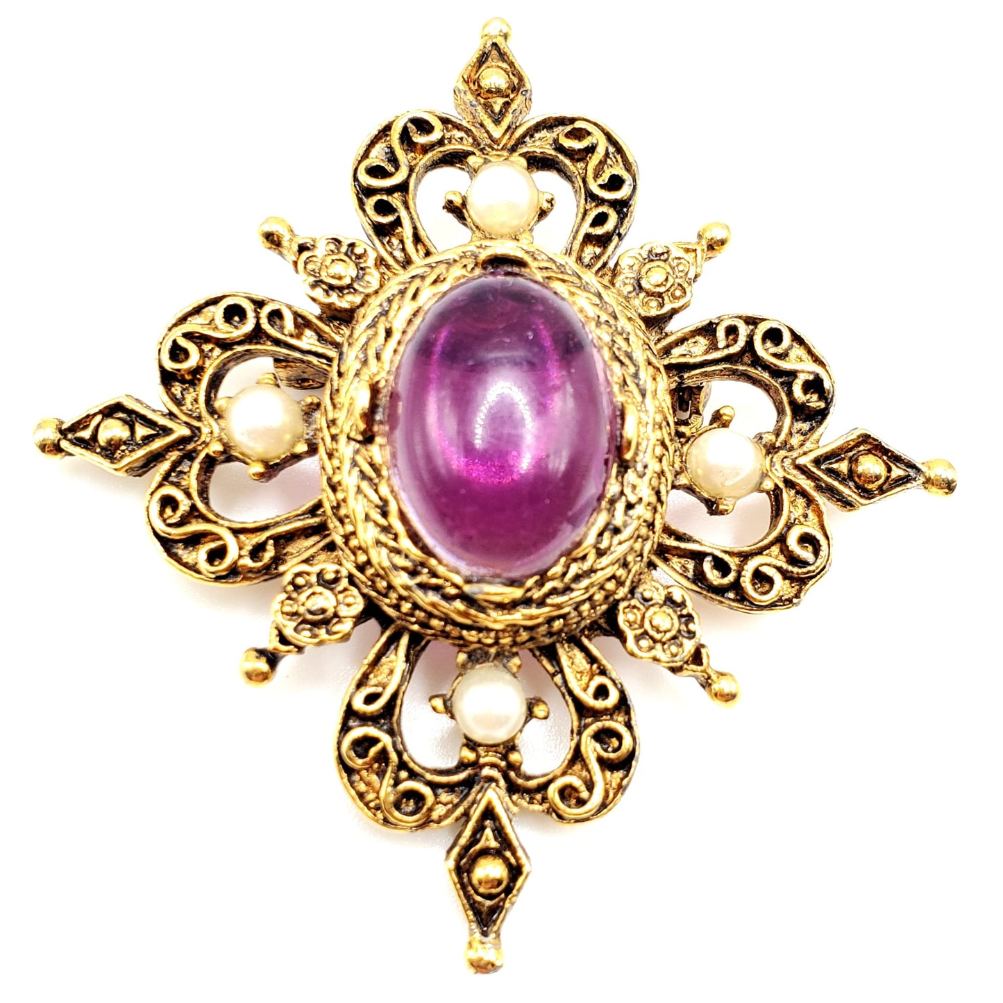 Vintage Victorian Style Jelly-Purple Cabochon Faux Pearls Antique Gold Tone Pin On Brooch