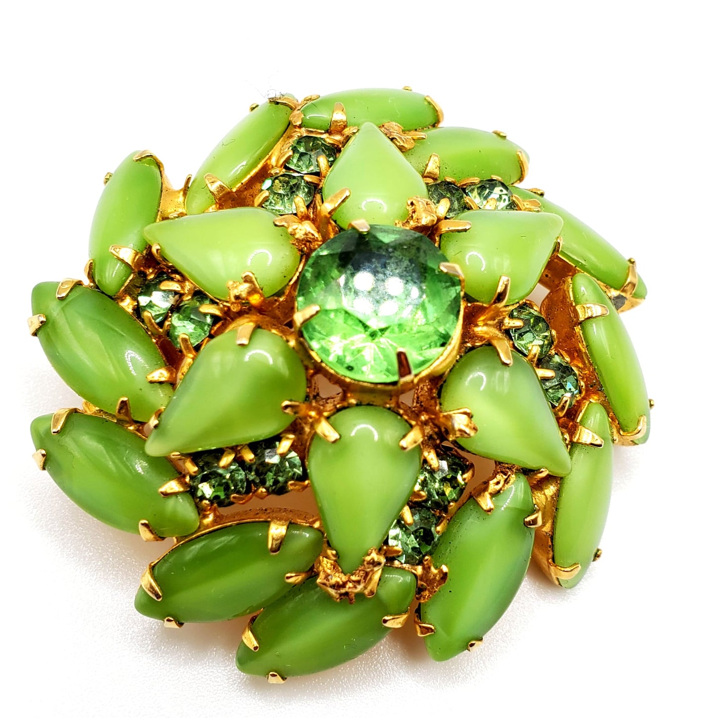 Vintage Lime Green Cabochon Rhinestone 3D Gold Tone Pin Brooch