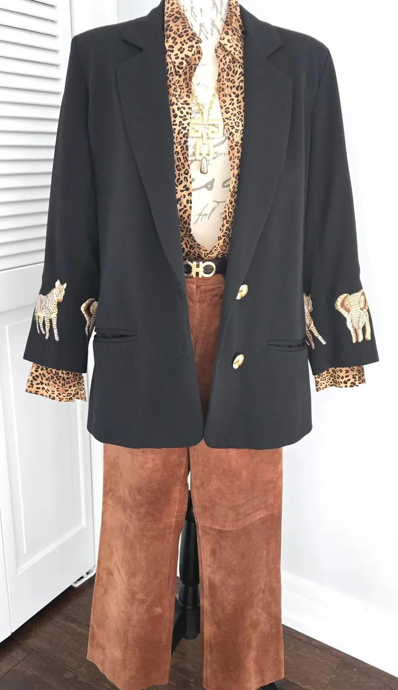 Vintage JENNA Black Wool Blazer Shoulder Pads Safari Animal Embroidered Cuffs Size 14