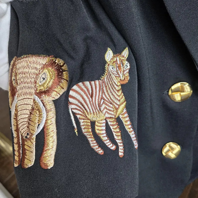 Vintage JENNA Black Wool Blazer Shoulder Pads Safari Animal Embroidered Cuffs Size 14