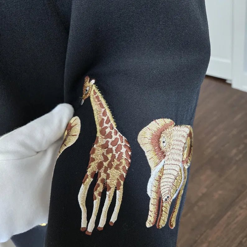 Vintage JENNA Black Wool Blazer Shoulder Pads Safari Animal Embroidered Cuffs Size 14