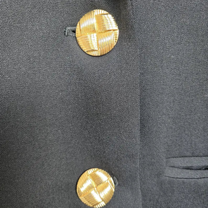 Vintage JENNA Black Wool Blazer Shoulder Pads Safari Animal Embroidered Cuffs Size 14