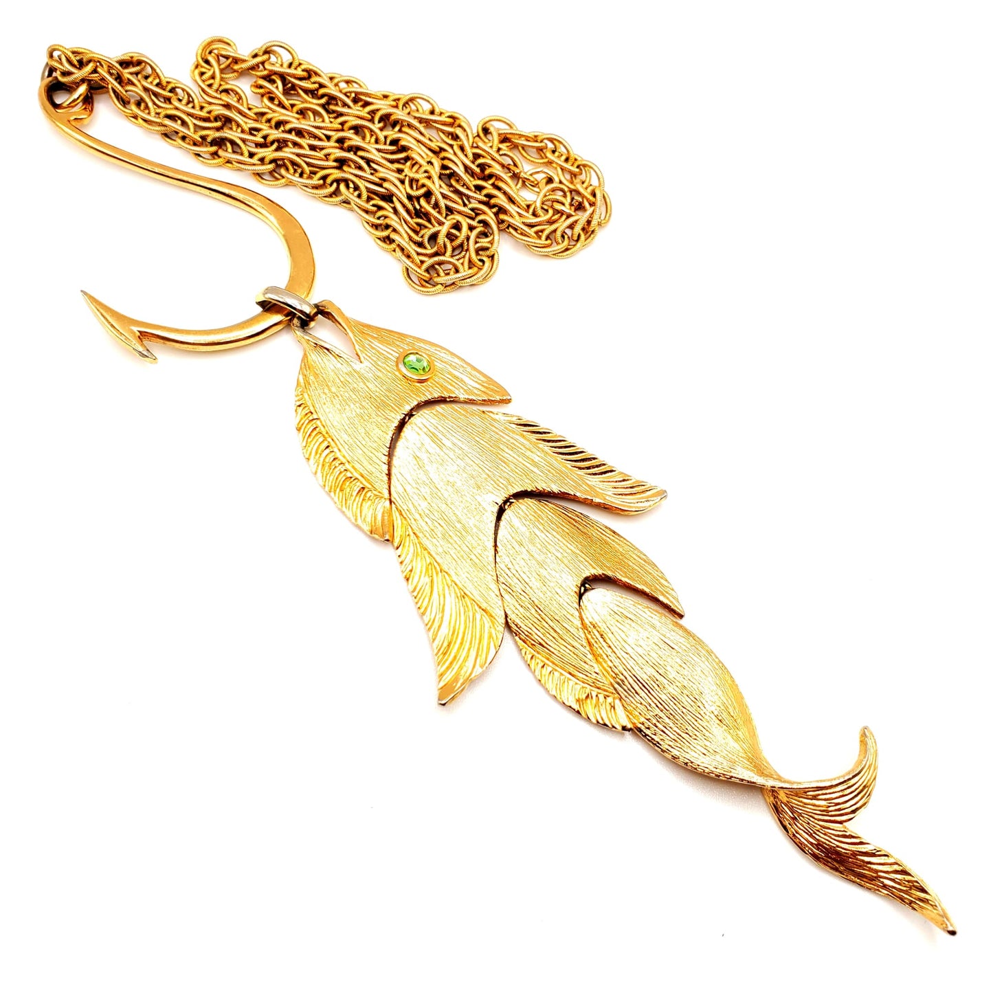 Vintage NAPIER 1970s Gold Tone Runway Articulated Fish On A Hook Pendant Necklace