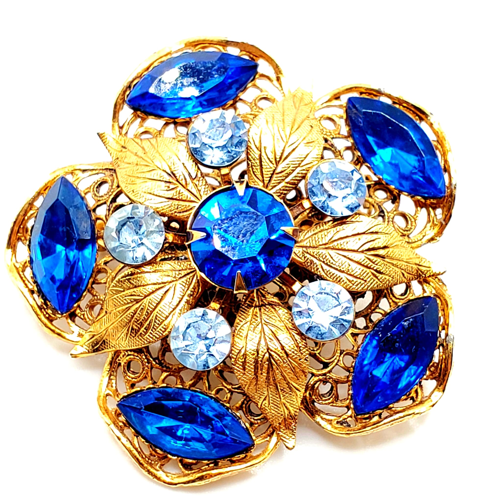 Vintage Blue Rhinestone Filigree Brooch Gold Tone sale