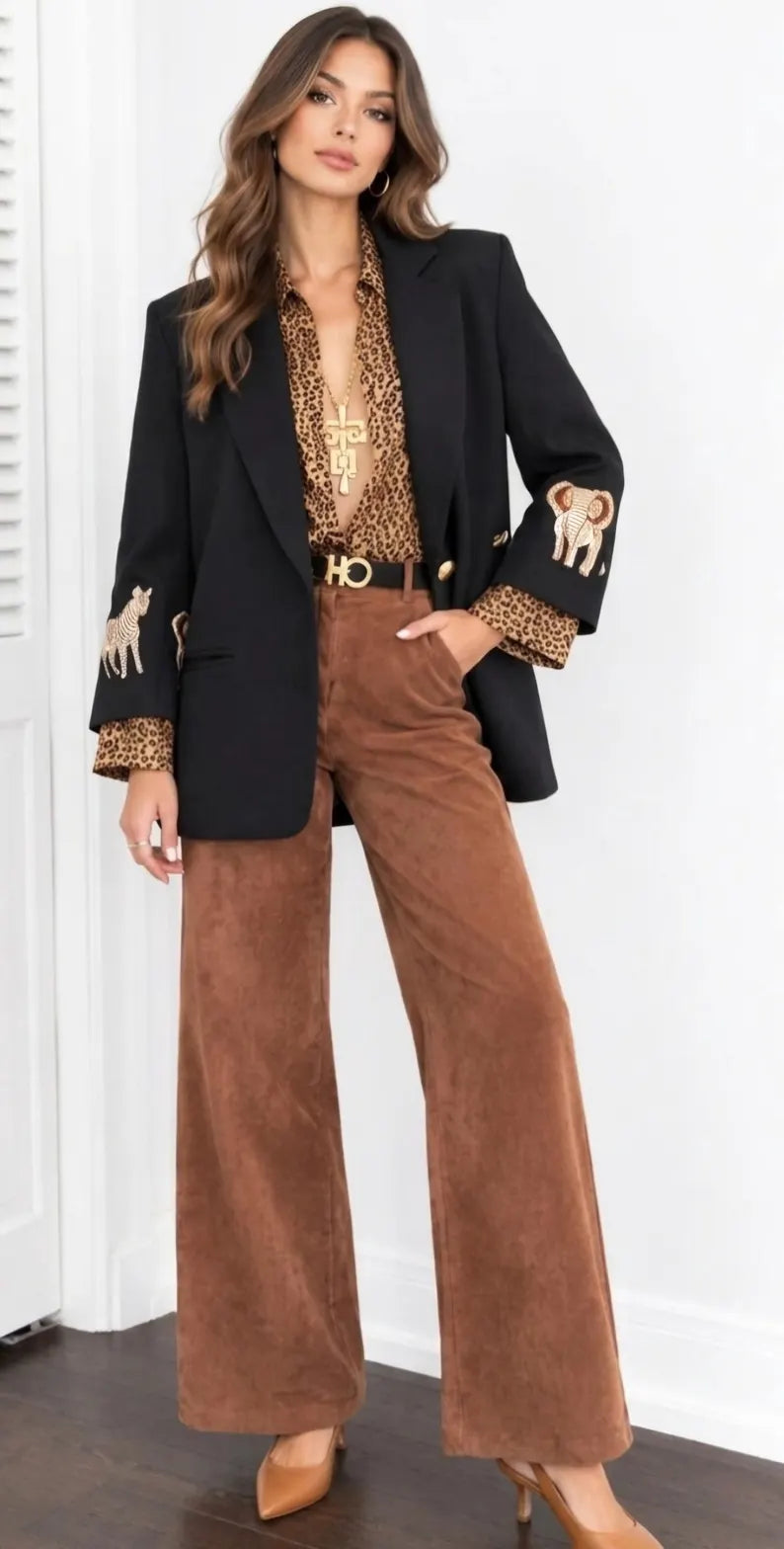 Vintage JENNA Black Wool Blazer Shoulder Pads Safari Animal Embroidered Cuffs Size 14