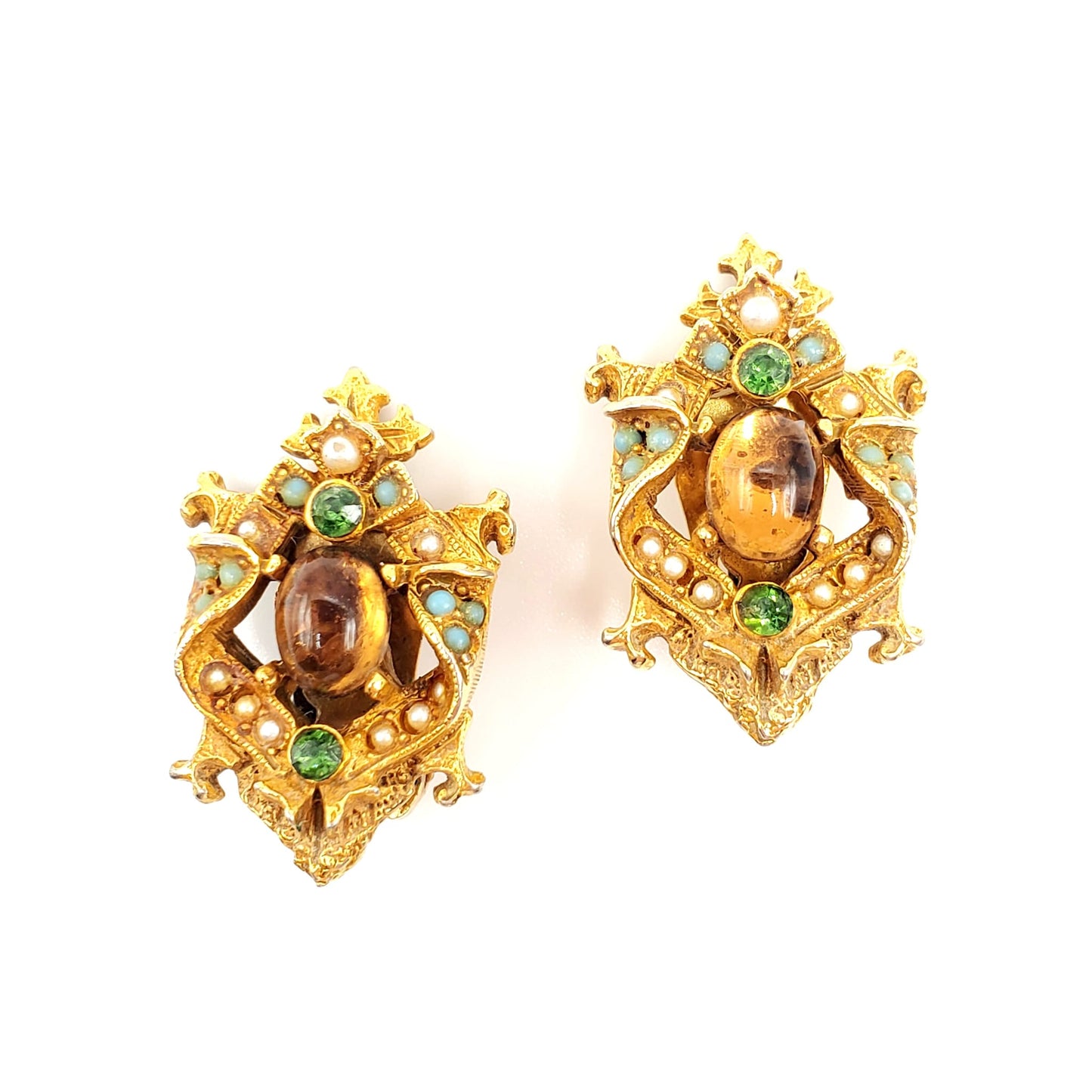 Vintage ART ARTHUR PEPPER Signed Brown Cabochon Green Rhinestones Gold Tone Clip On Earrings Very Rare