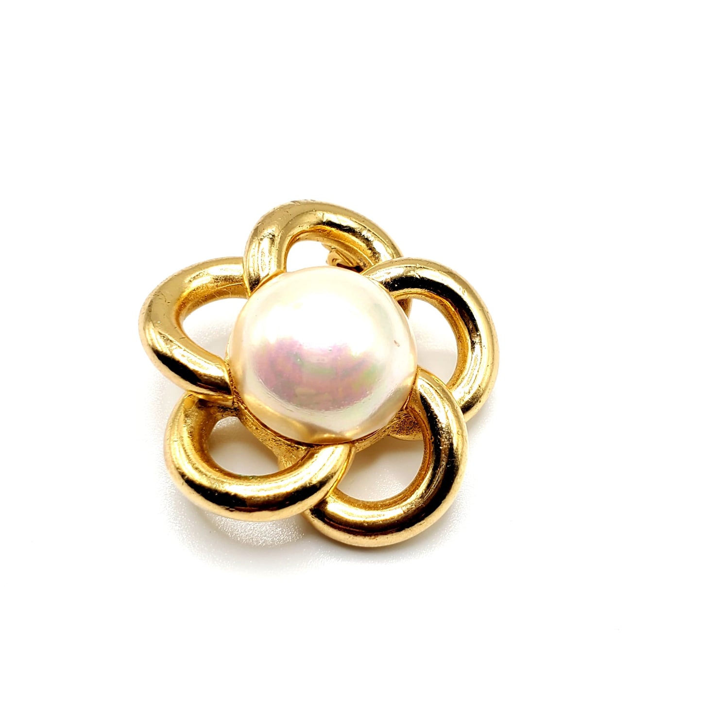 Vintage CHRISTIAN DIOR Gold Tone, Faux Pearl, Flower Shaped Brooch Pin