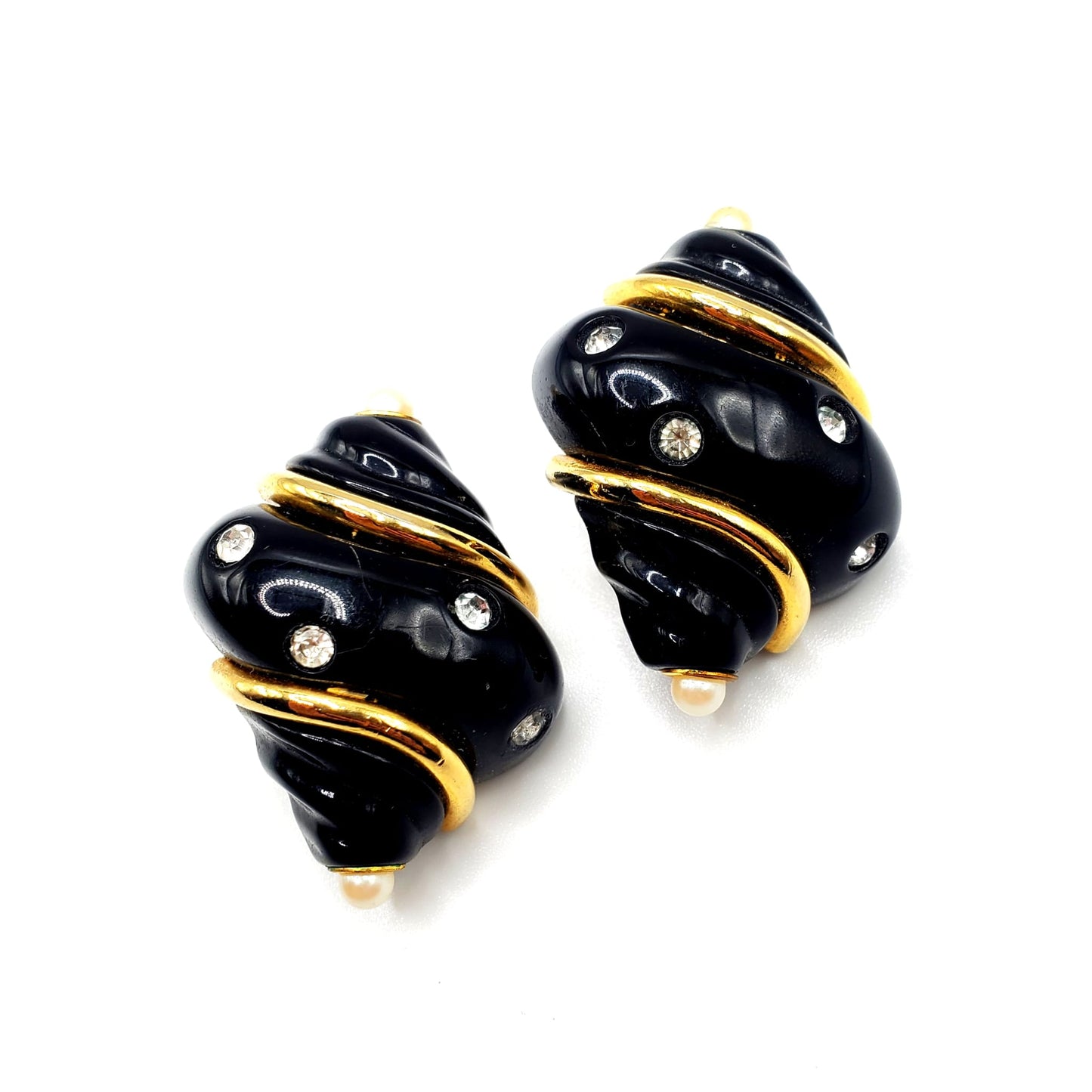 Vintage KENNETH JAY LANE Signed Black Lucite Faux Pearls Rhinestones Gold Tone Shell Shaped Clip On Earrings