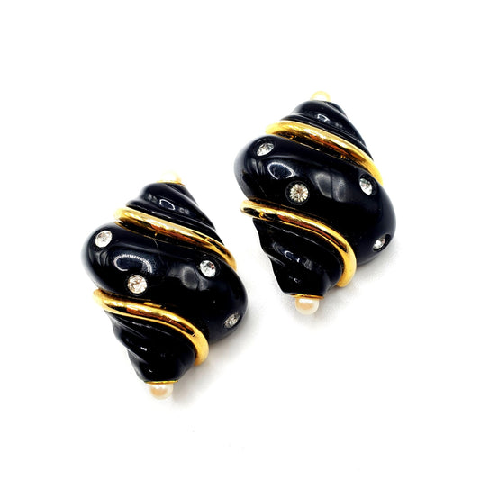 Vintage KENNETH JAY LANE Signed Black Lucite Faux Pearls Rhinestones Gold Tone Shell Shaped Clip On Earrings