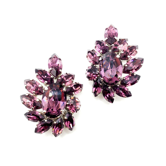 Vintage GERMANY Signed Victorian Revival Bohemian Amethyst Rhinestones Large Cluster Clip On Earrings