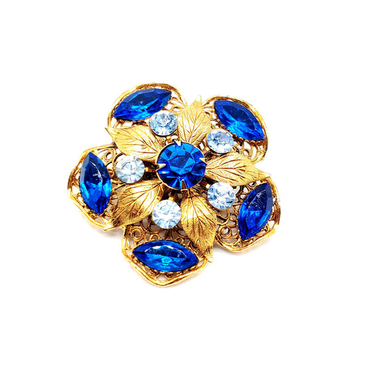 Vintage 3D Blue Rhinestones Gold Tone Filigree Brooch Pin Beautiful Statement Piece