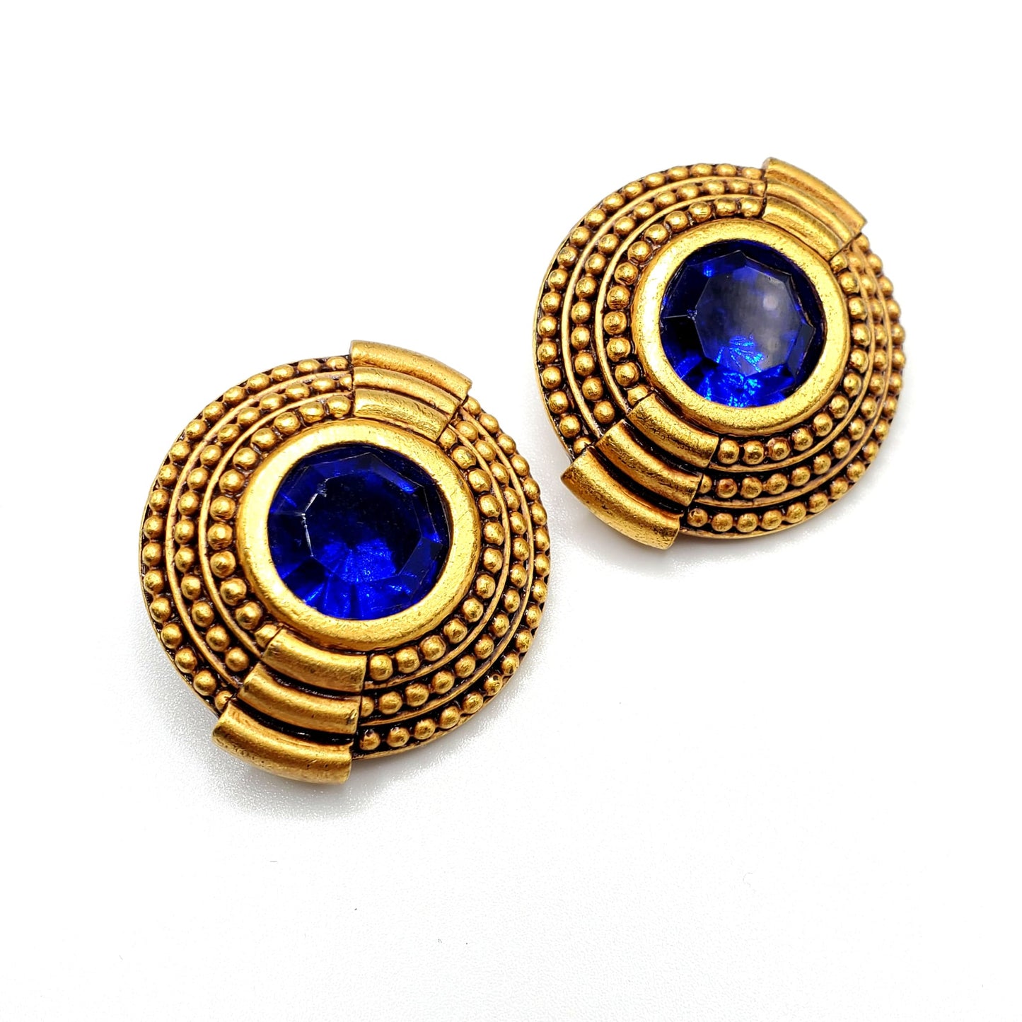 Vintage DIVA Signed, Large, Gold Tone, Round Blue Rhinestone Clip On Earrings