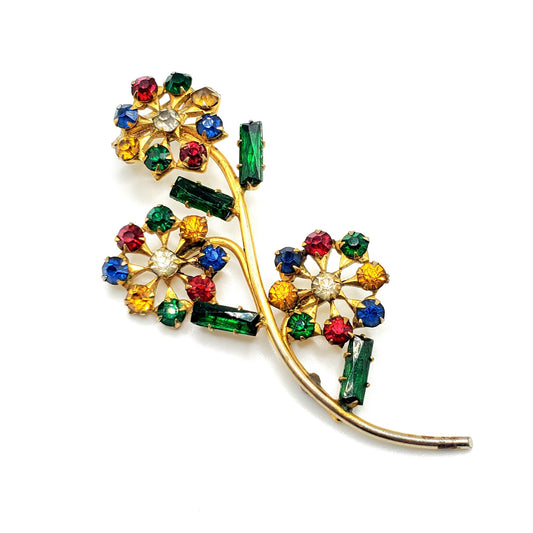 Vintage Flower Multicolor Rhinestone Pin On Brooch