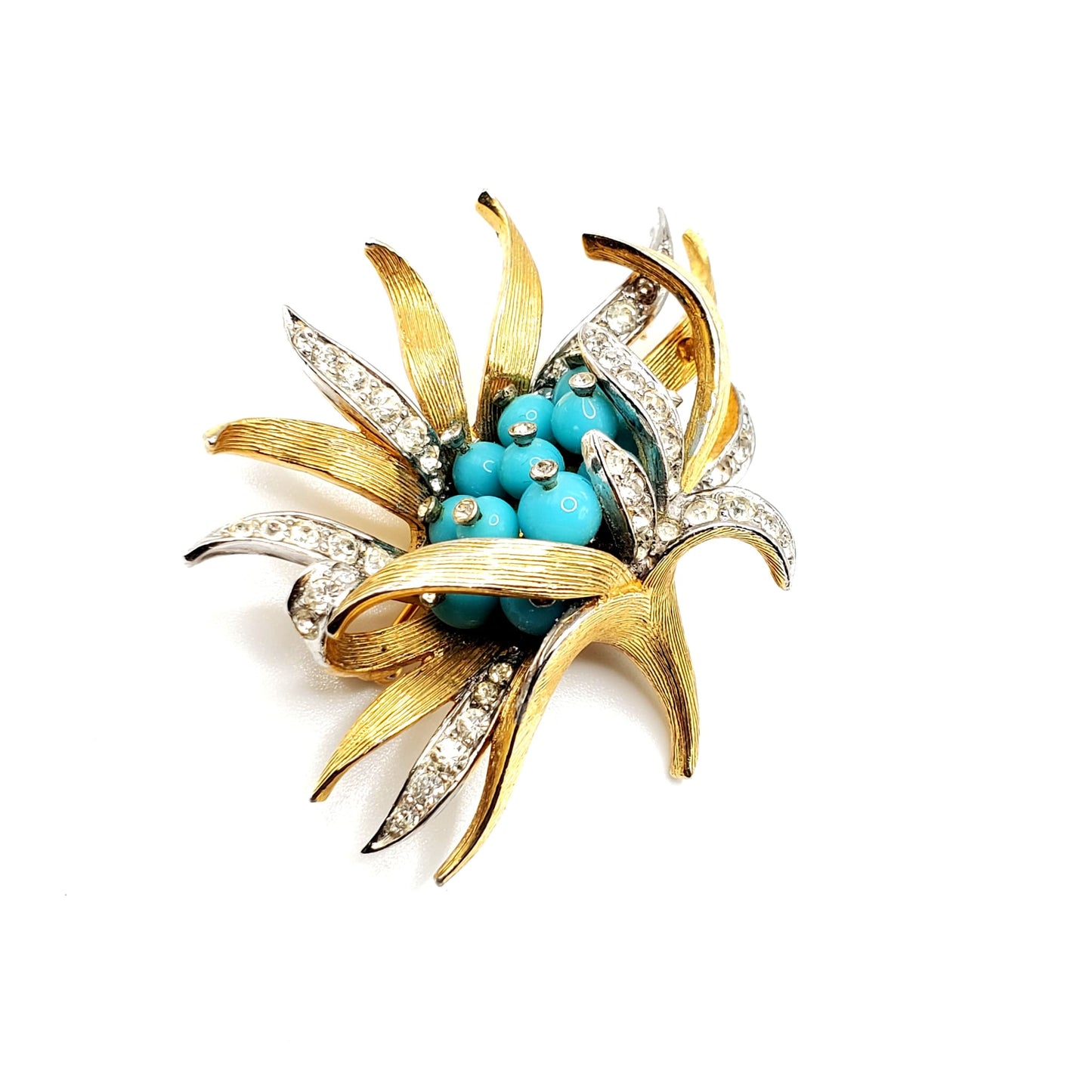 Vintage BOUCHER Gold Tone Rhinestones Faux Turquoise Flower Brooch Pin