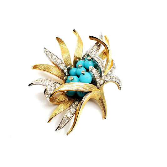 Vintage BOUCHER Gold Tone Rhinestones Faux Turquoise Flower Brooch Pin