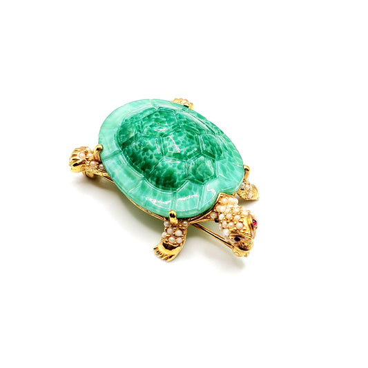 Vintage CINER Signed TURTLE BROOCH Pin Faux Seed Pearls Peking Glass Ruby Rhinestones Gold Tone Brooch Pin