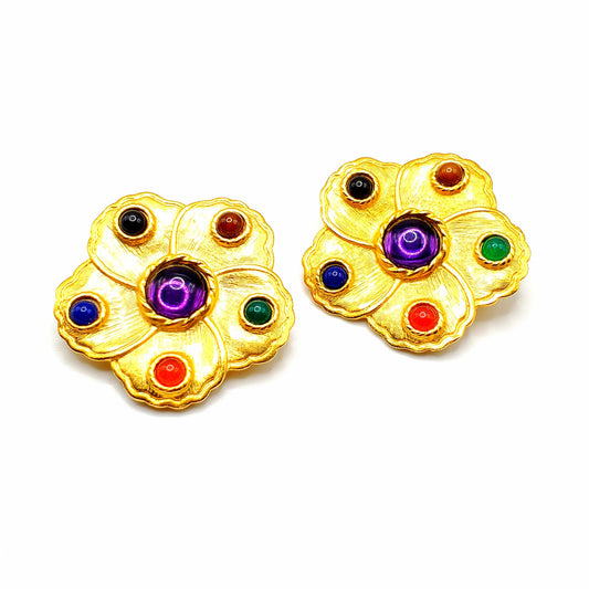 vintage large flower flory multicolor cabochon gold tone clip on earrings