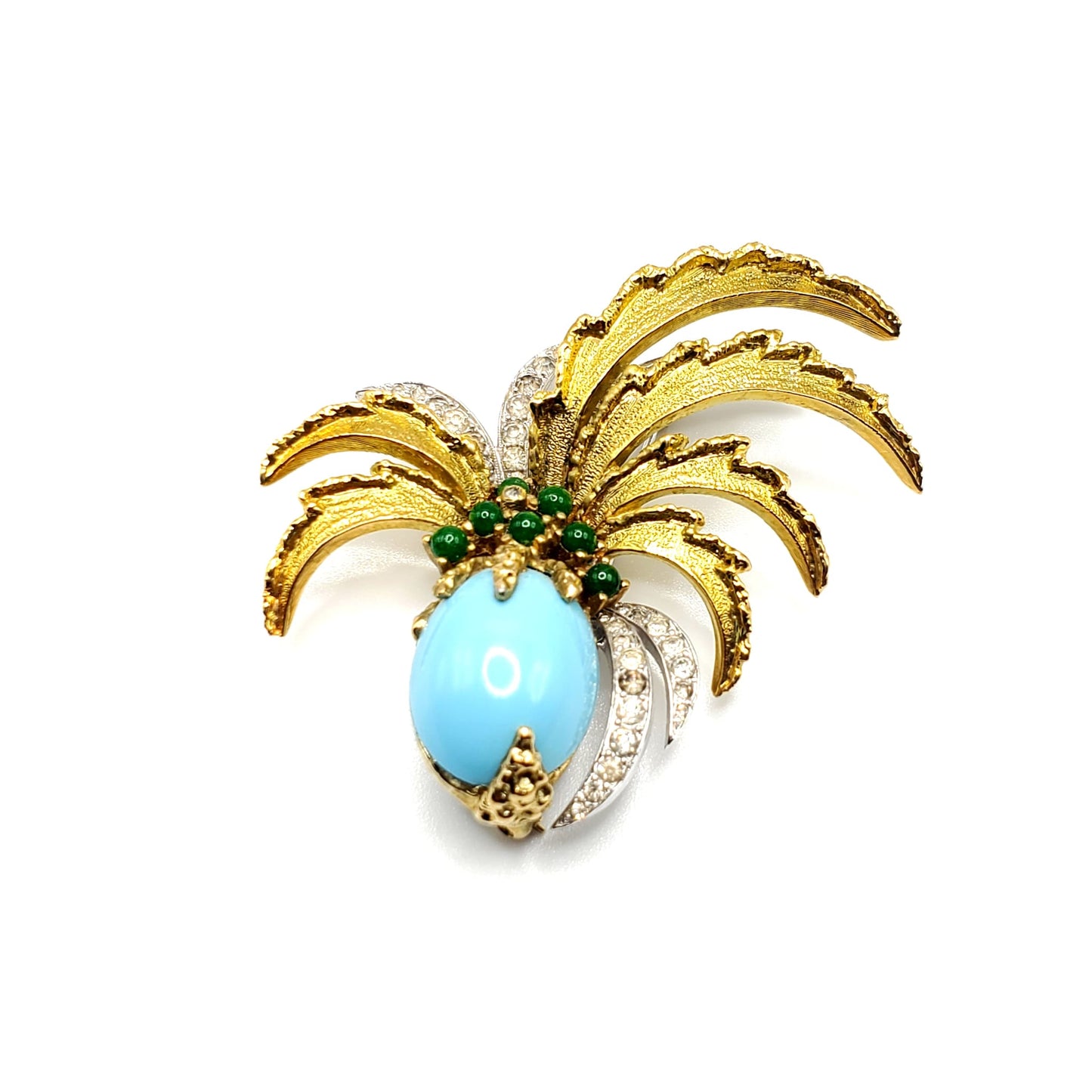 Vintage JOMAZ Signed Very Rare Pineapple Shaped Faux Turquoise And Faux Jade Cabochons Rhinestones Gold And Silver Tone Brooch Pin